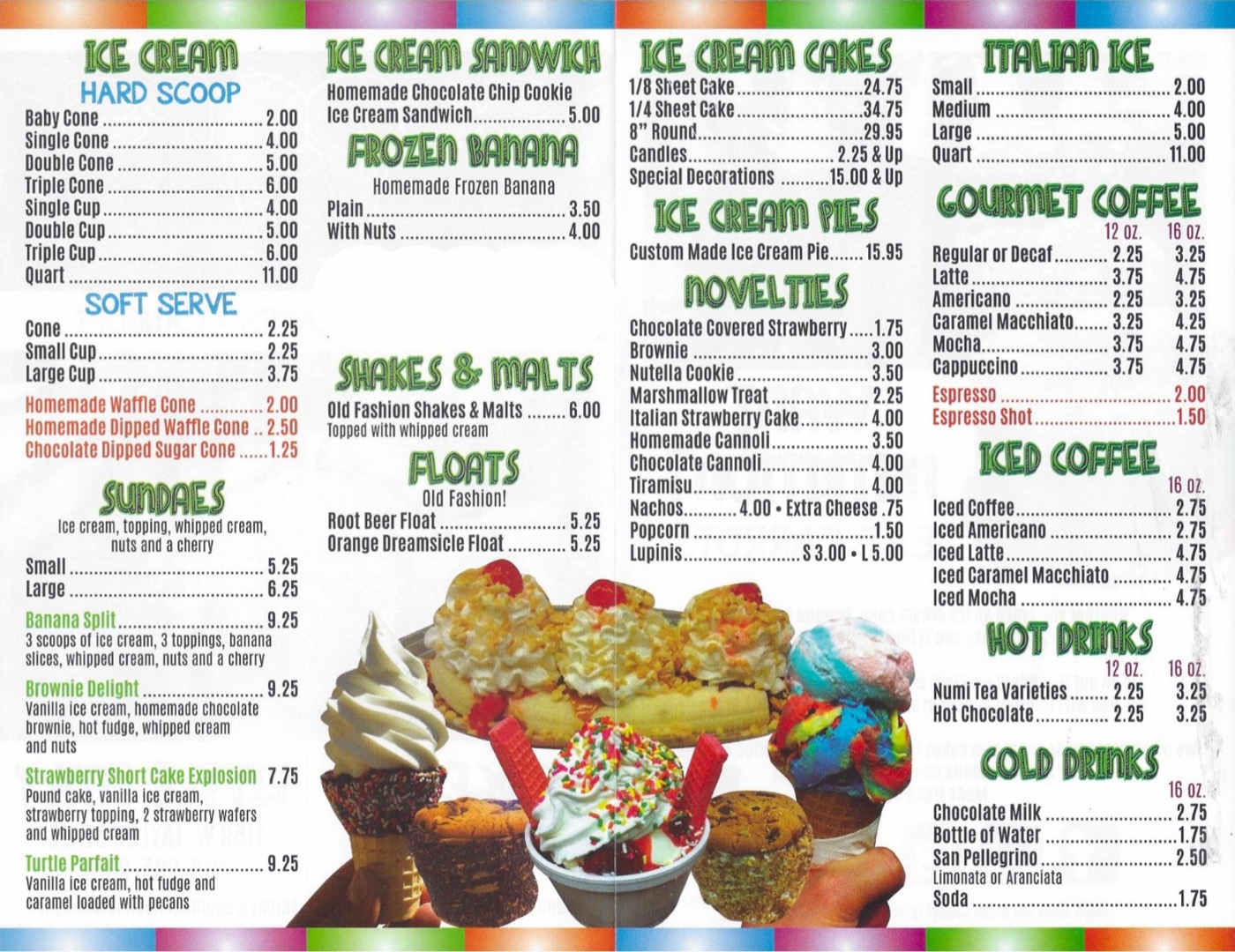 The Original Scoops menu of ice cream and desserts